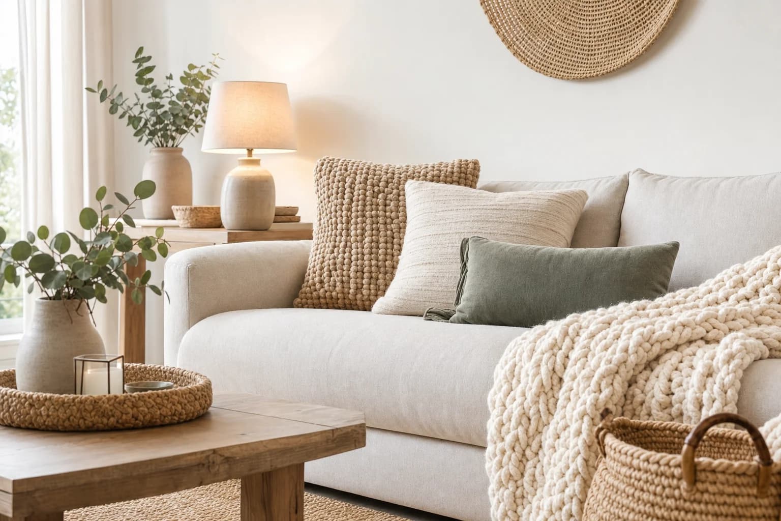 Minimal neutral living room styled with premium home decor